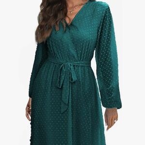 NWT XL Swiss Dot L/S Belted Wrap V Neck Maxi Dress w Ruffle